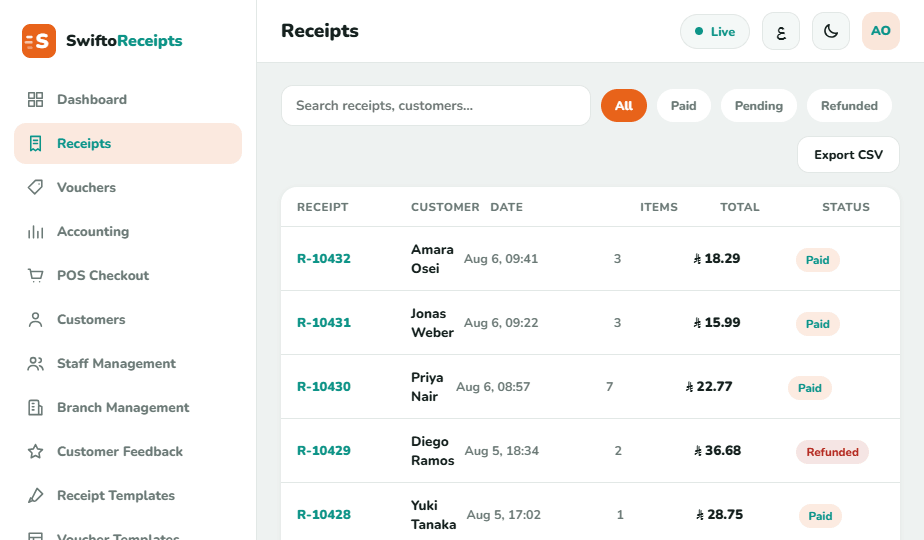 Receipts screen